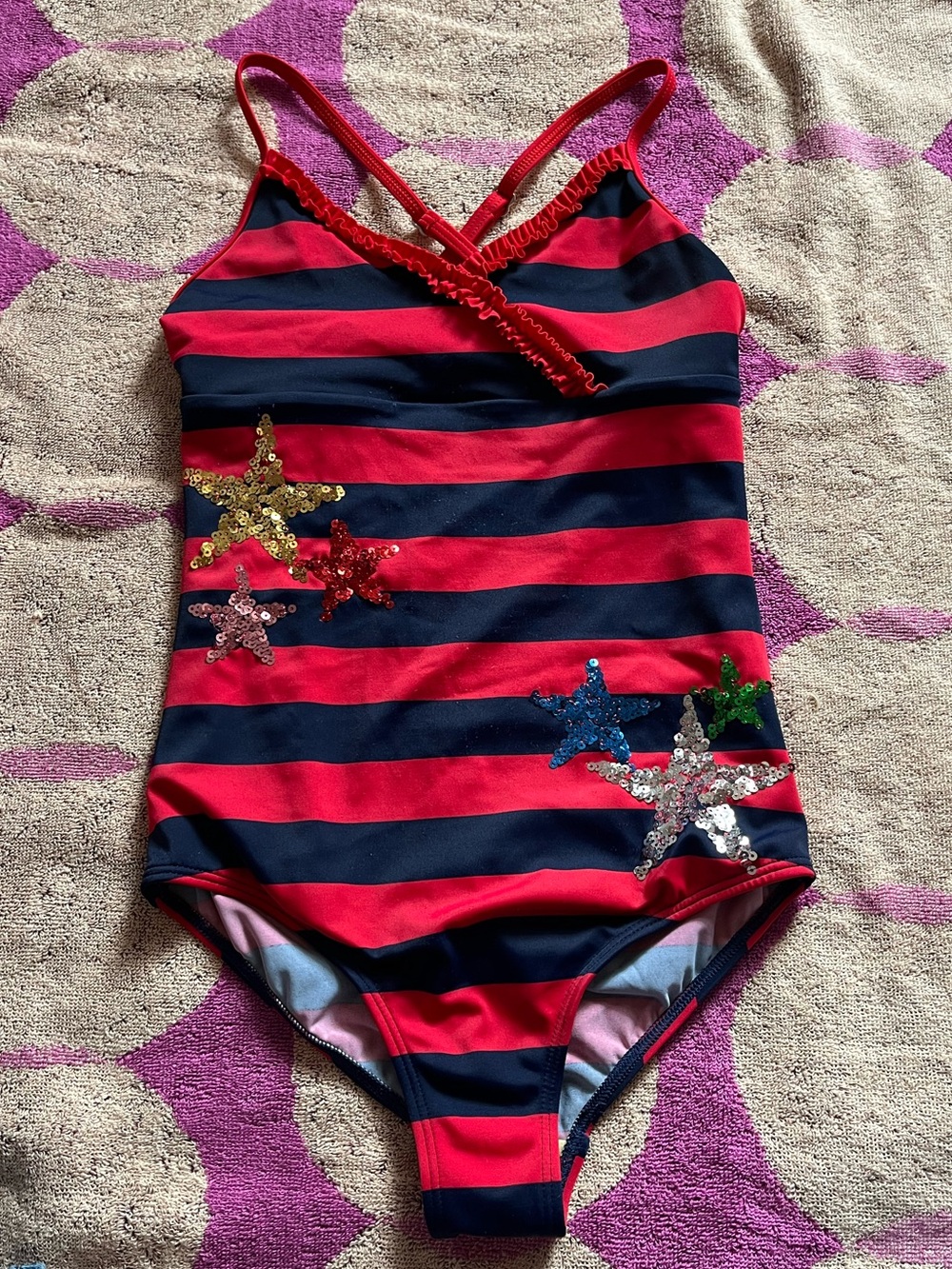 Land’s End Girls One Piece Stripe Swimsuit with Sequin Stars